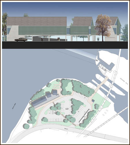 rendering of the site plan and entry facade