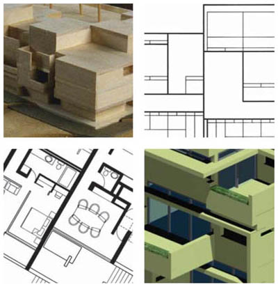 a 4 part image depicting partial images of a building elevation, render of a 3d building model, buildinging floor plan, and a physical model built of wood. 