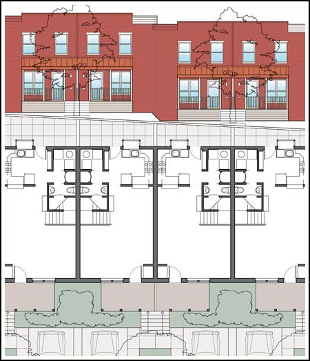 marketing drawing showing plans and elevations of the town houses