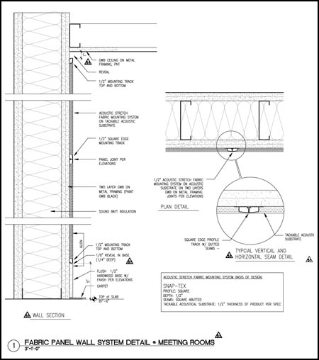 architectural drawing showing the detail of the sound attenuation wall covering at the conference room